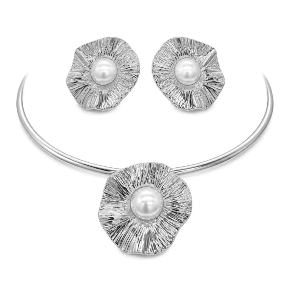 Conjunto Aro Flor Trabalhada & Botão Pérola