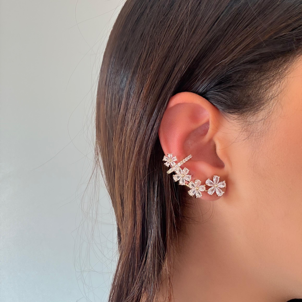 Brinco Ear Cuff Flores Cristais