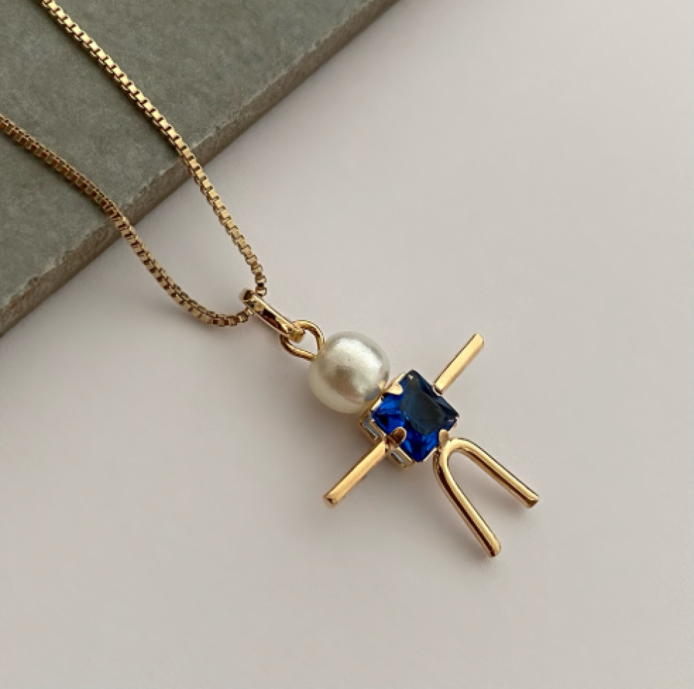 Colar Pingente Menino Zircônia Azul & Pérola