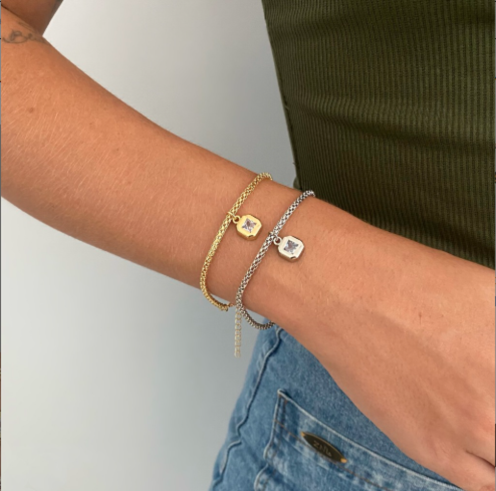 Pulseira Malha Italiana Pingente Square Cristal