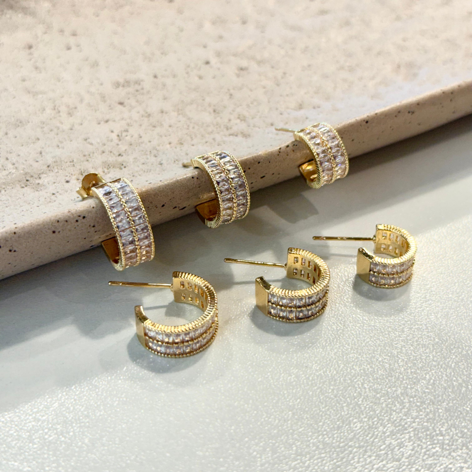 Brinco Trio Argola Baguete Dupla