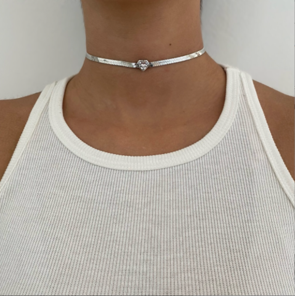 Colar Choker Fita Coração Zircônia