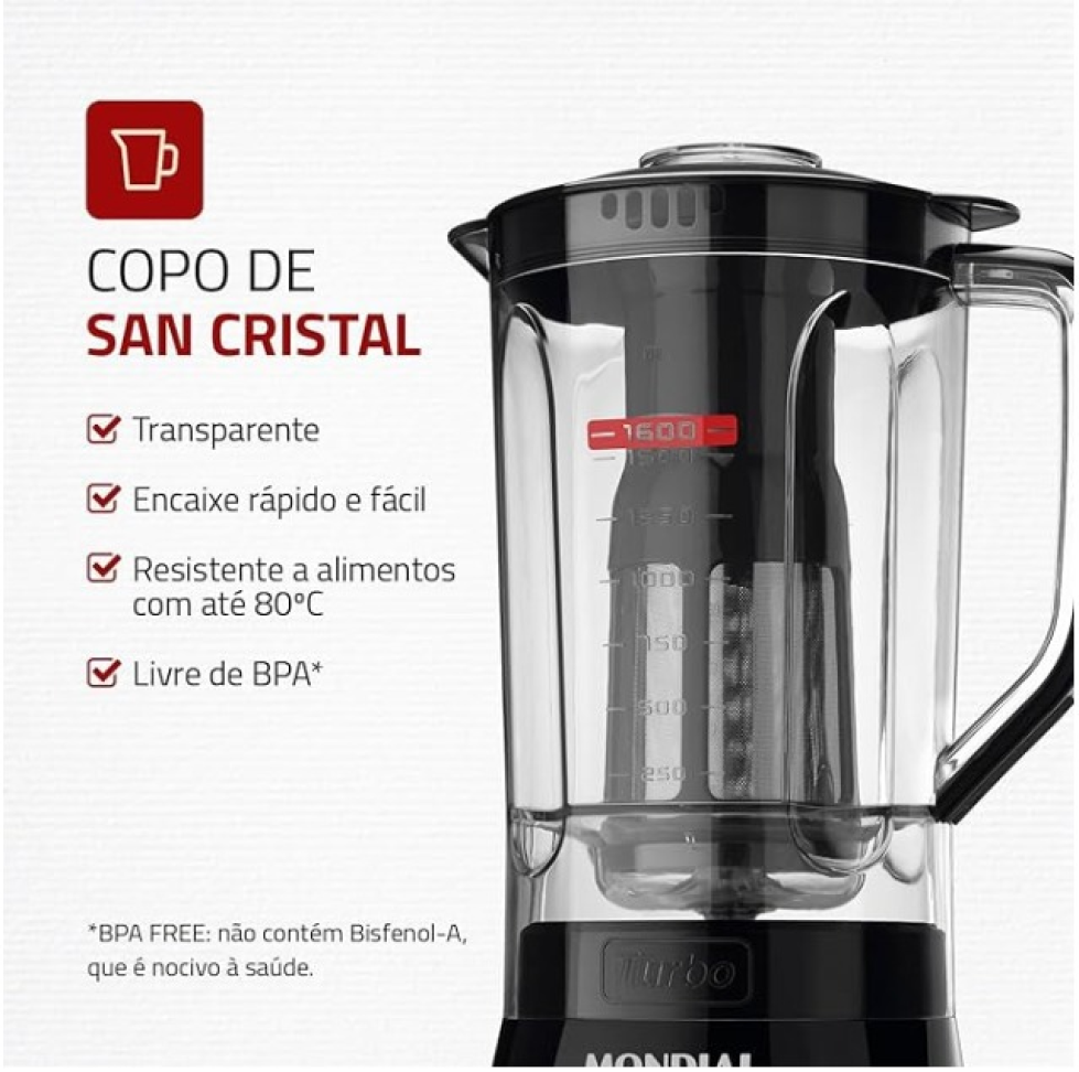 LIQUIDIFICADOR MONDIAL L99 TURBO FILTRO 3V. 500W COR: PRETO - #1