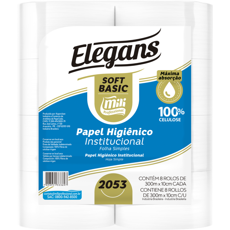 PAPEL HIGIENICO ROLAO ELEGANS 15G 300MX10CM 8 ROLOS MILLI