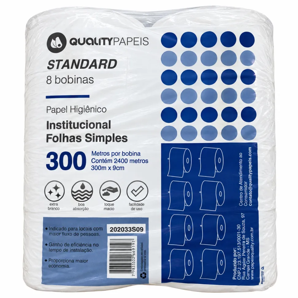 Standard Papel Higiênico Institucional 300m x 9cm - Fardo 8 Rolos - Quality
