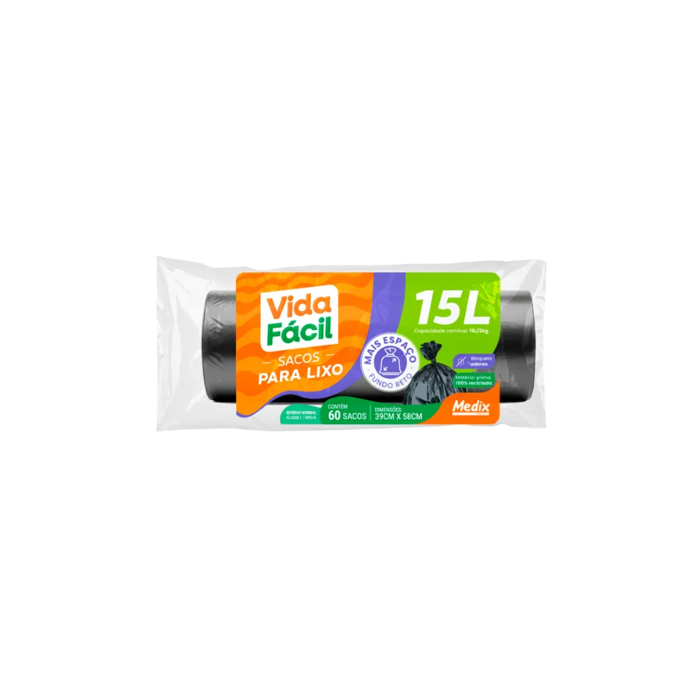 Saco Lixo Vida Fácil 15 L Rolo c/ 60 Un. – Medix