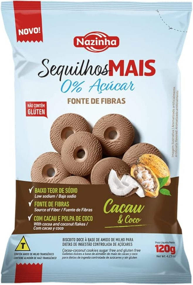 Biscoito Sequilhos Mais Cacau e Coco Zero Açúcar 120g