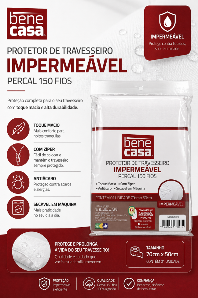 Protetor de Travesseiro Impermeável 70cmx50cm bene Casa