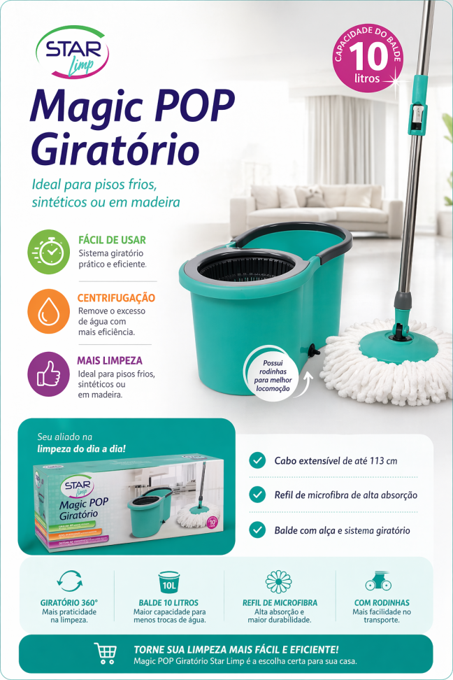 Esfregão c/ balde mop giratório