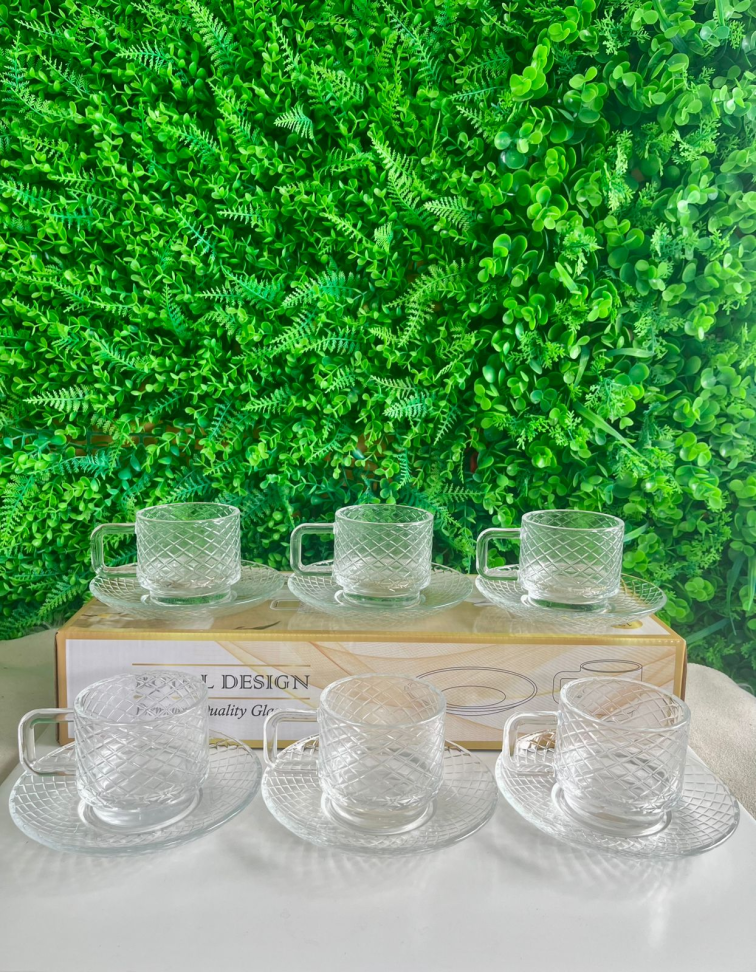 CONJUNTO - 6 XÍCARAS DE VIDRO COM PIRES (DETALHADA) - 230 ML
