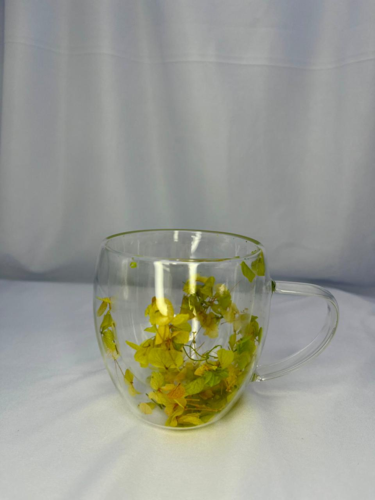 CANECA EM VIDRO BOROSSILICATO COM PAREDE DUPLA E FLORES SECAS - 250 ML - #12