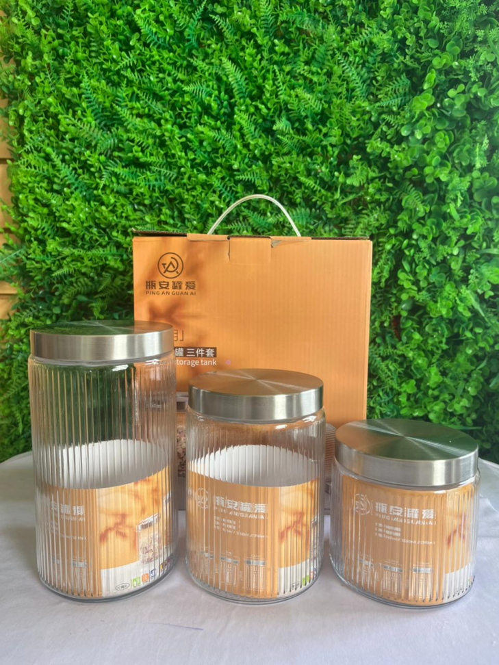 CONJUNTO - 3 POTES DE VIDRO COM TAMPA EM INOX