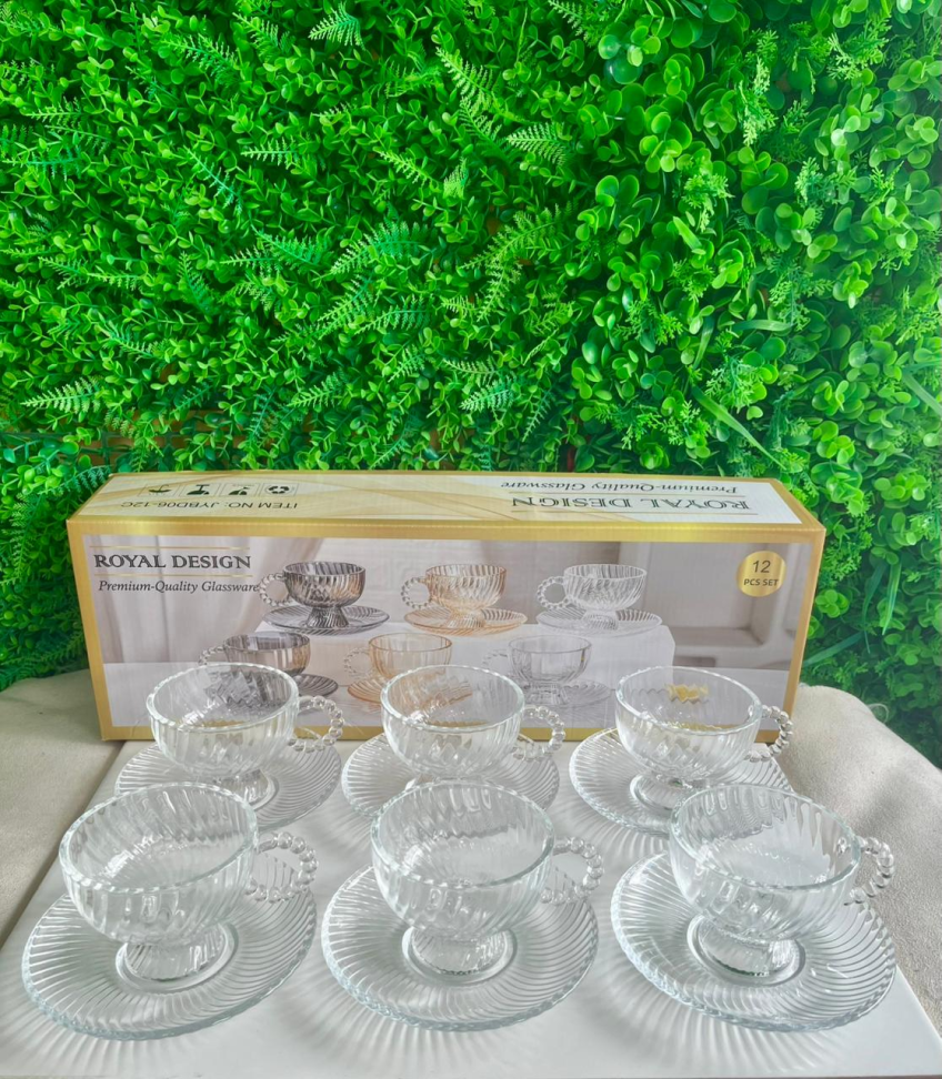 CONJUNTO - 6 XÍCARAS DE VIDRO COM PIRES (BORDA DETALHADA) - 350 ML