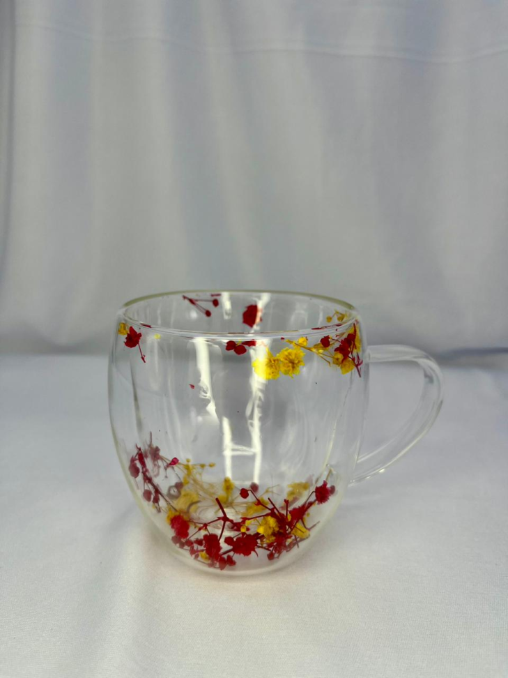 CANECA EM VIDRO BOROSSILICATO COM PAREDE DUPLA E FLORES SECAS - 250 ML - #4