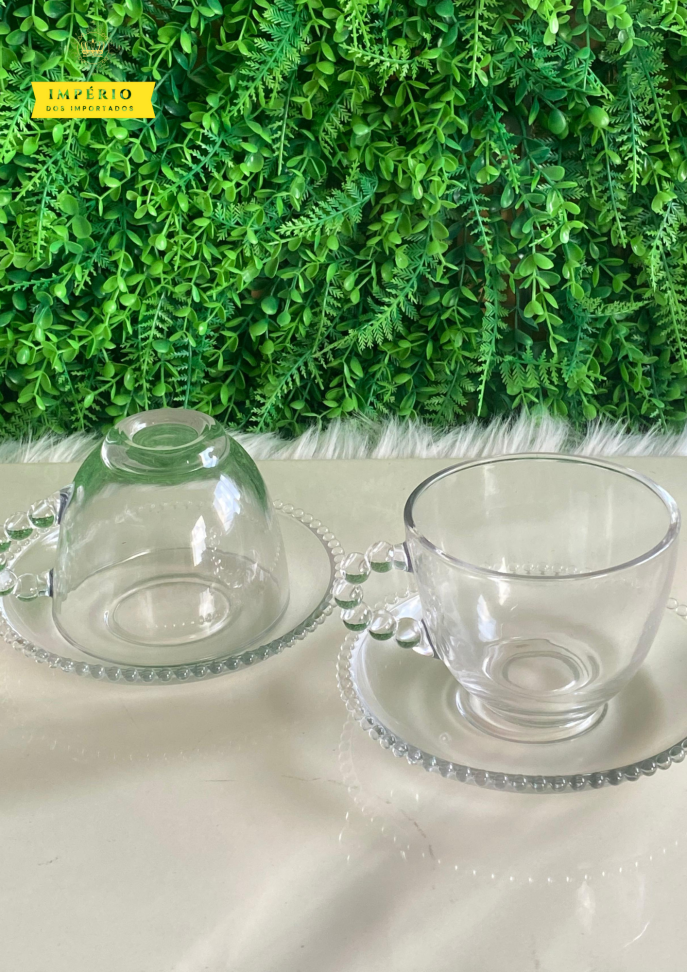 Conjunto Xícaras de vidro com pires 210ml - 12 peças