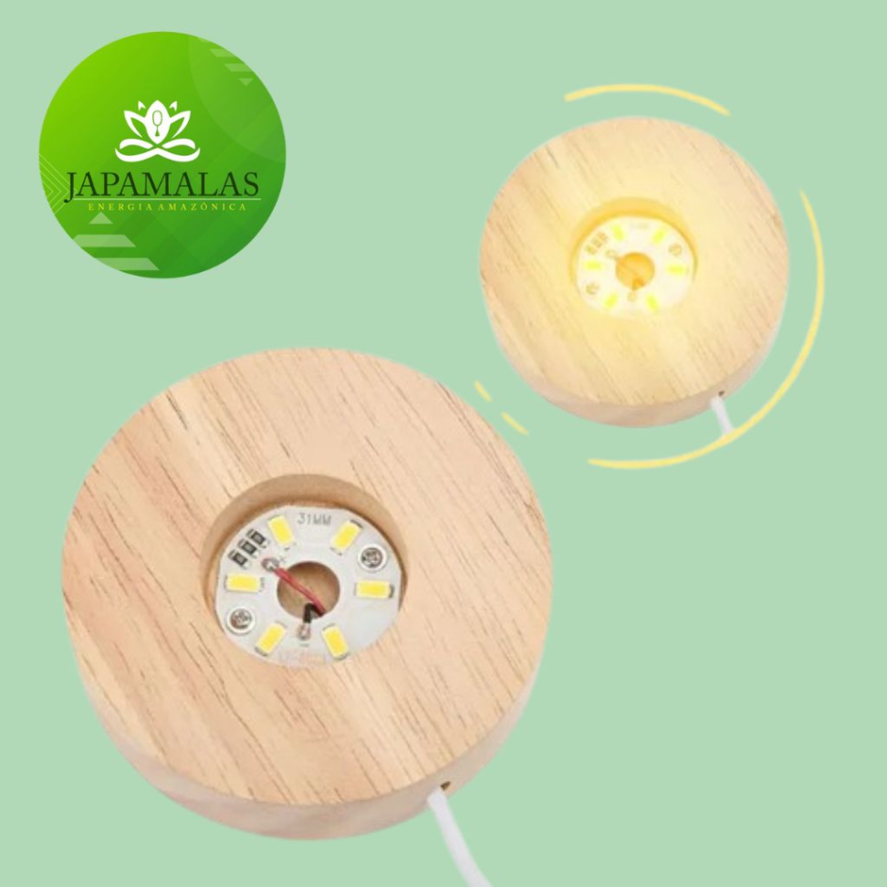 Base de Madeira com Luz LED Amarela USB 6cm - Iluminação para Cristais - #4