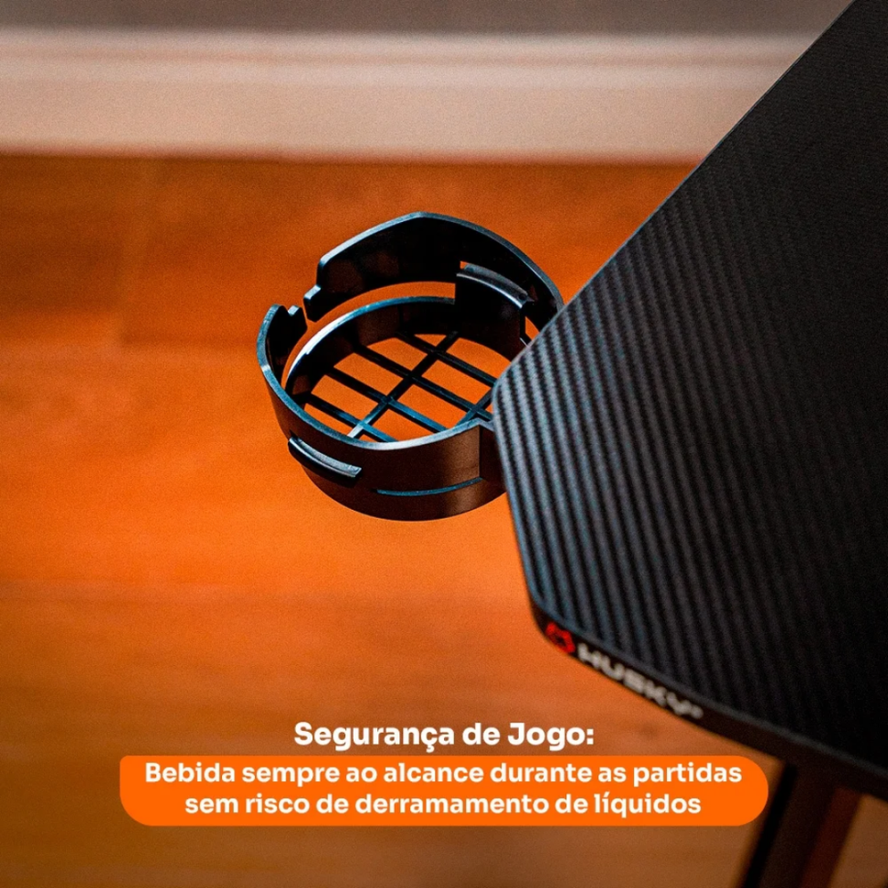 Mesa Gamer Husky Snow, Preto - Superfície em Fibra de Carbono, Suporte para Headset e Copo - HDG100