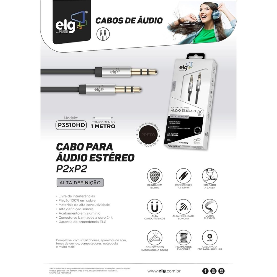 Cabo Áudio Estéreo P2 Para P2 1MT ELG - P3510HD - #3