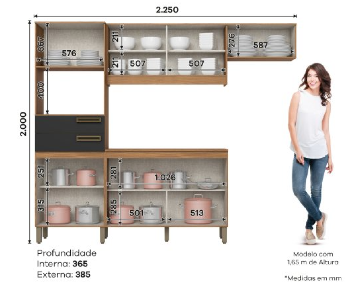 KIT COZINHA COMPACTA 7 PORTAS E 2 GAVETAS NATURE/PRETO HP B107 215 - #2