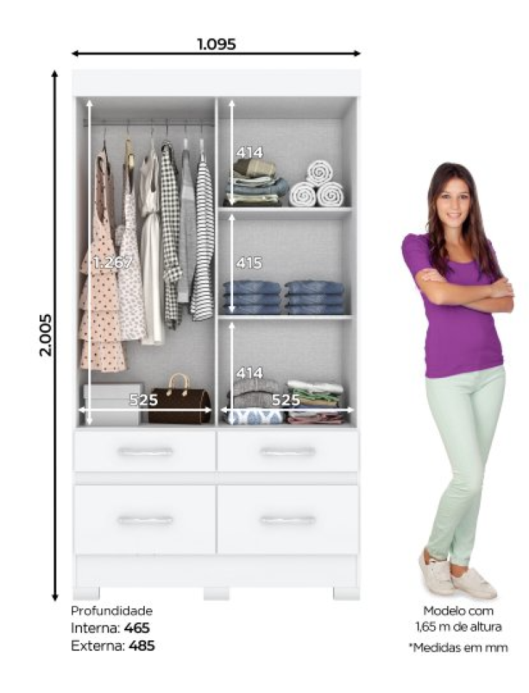 ROUPEIRO 2 PORTAS E 4 GAVETAS DESLIZANTES BRANCO COM ESPELHO BE25-66 - #2