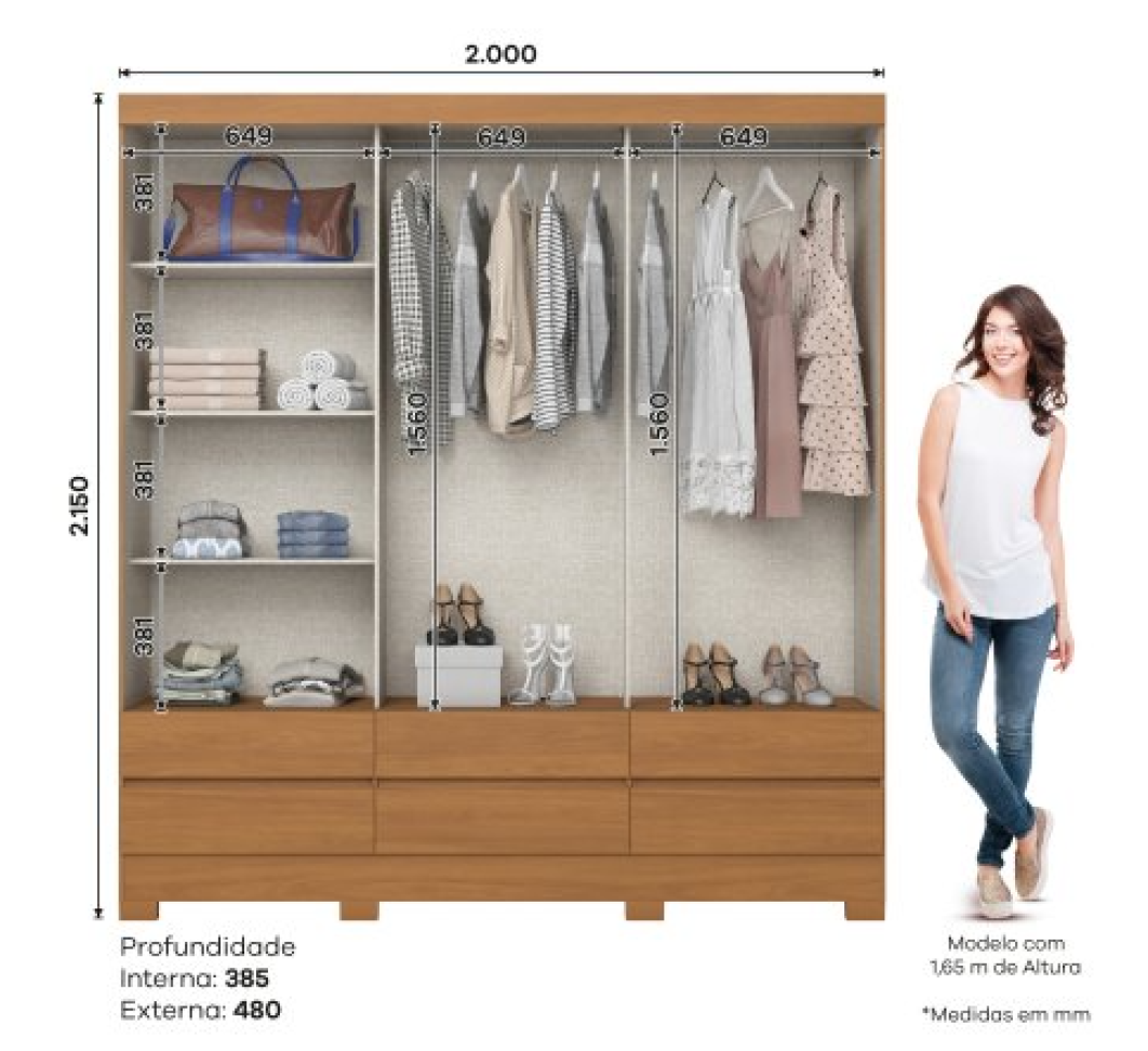 ROUPEIRO 3 PORTAS DESLIZANTES 6 GAVETAS CINAMOMO/OFF WHITE/AVELA B386-226