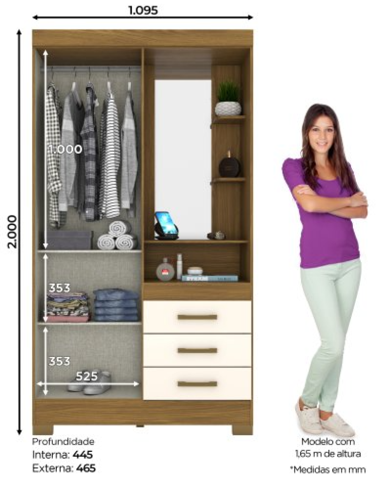 ROUPEIRO 2 PORTAS E 3 GAVETAS NATURE/OFF WHITE B64-127 - #2