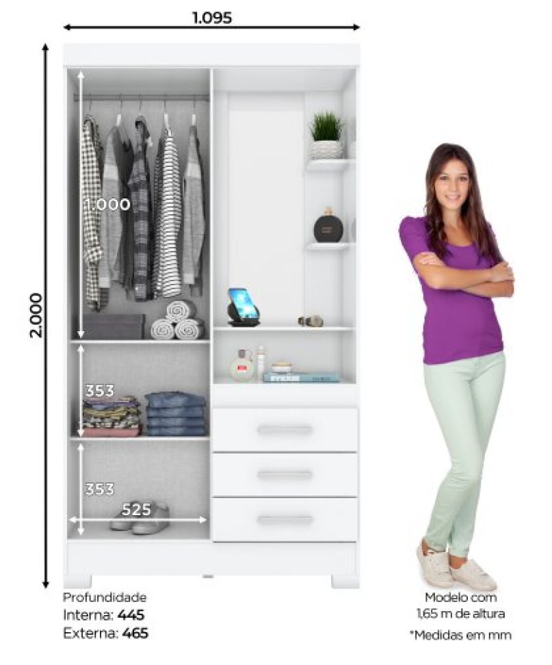 ROUPEIRO 2 PORTAS E 3 GAVETAS BRANCO B64-66 - #2