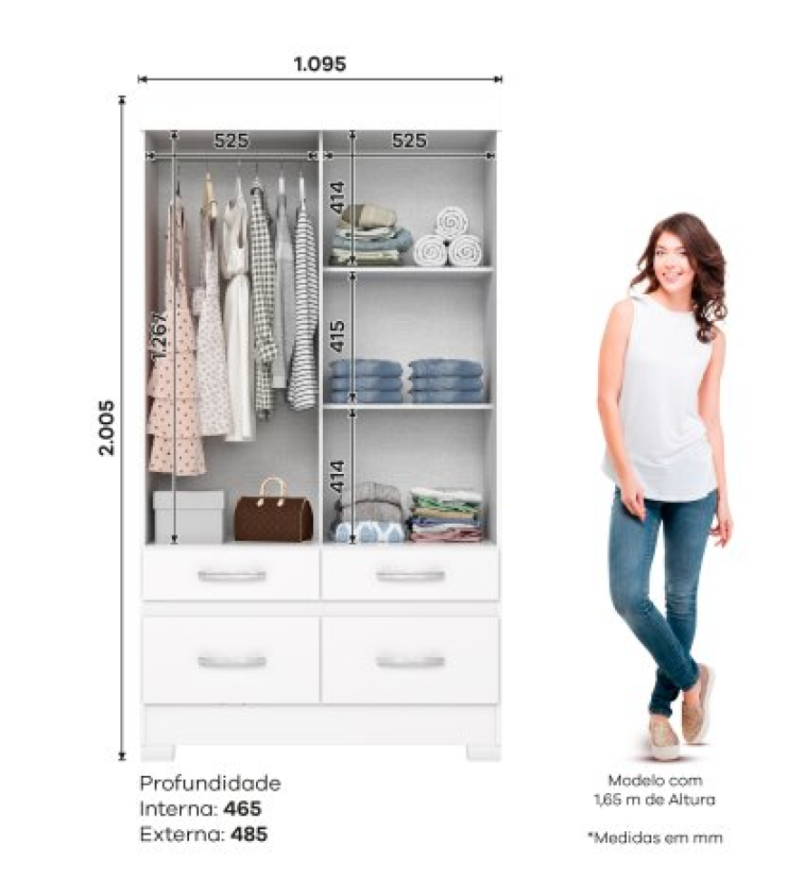 ROUPEIRO 2 PORTAS E 4 GAVETAS DESLIZANTES BRANCO SEM ESPELHO BE25-66 - #2