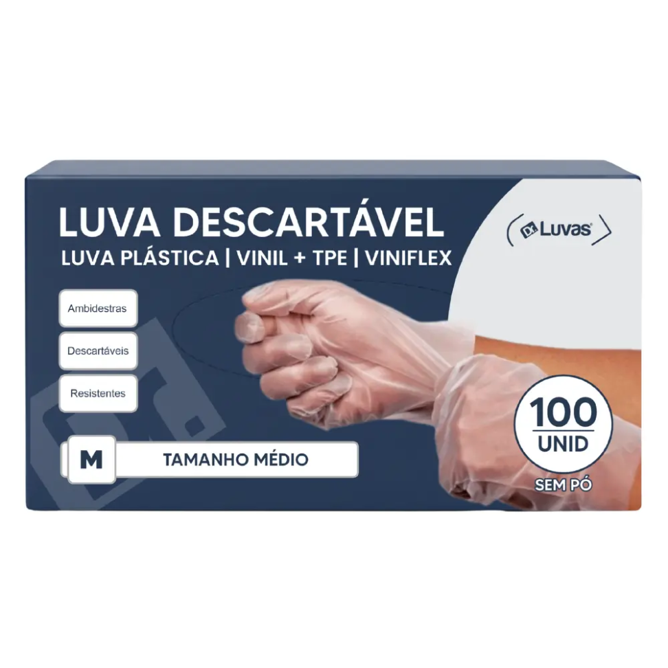 100un Luva Viniflex Sem Pó Transparente Descartável Tamanho M Marca Dr. Luvas ( escolher tamanho P,M,G)