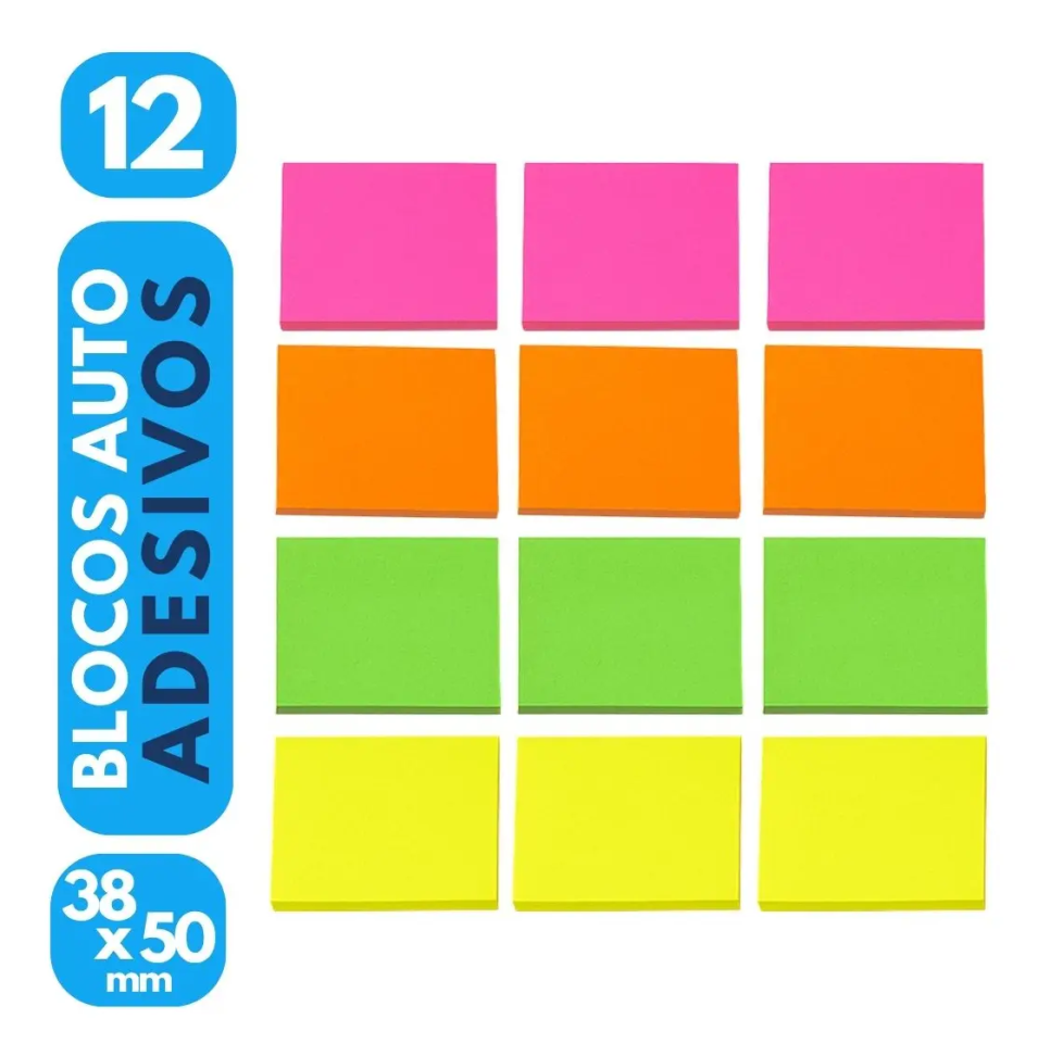 12x Bloco Auto Adesivo Neon Coloridos 38x50 Mm 600 Folhas - 12 Blocos Adesivos Notas Recado Estudo Escritório Escolar Postit