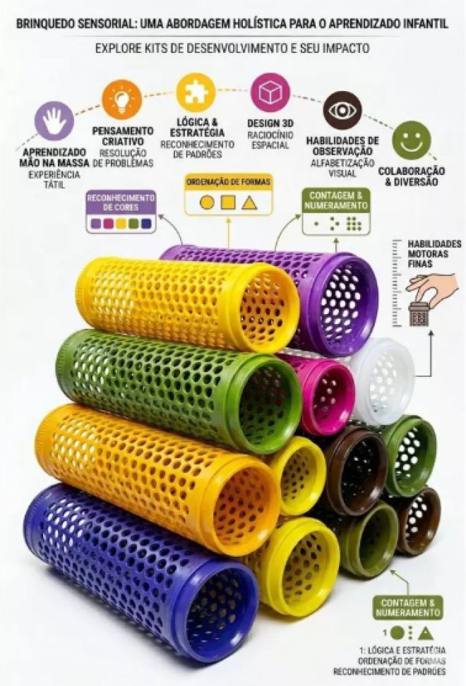 5 Cilindros Plástico Vazado Brinquedo Pedagógico Encaixe - Montessori - Bebê - Atóxico - Cores Diversas - Brinquedo
