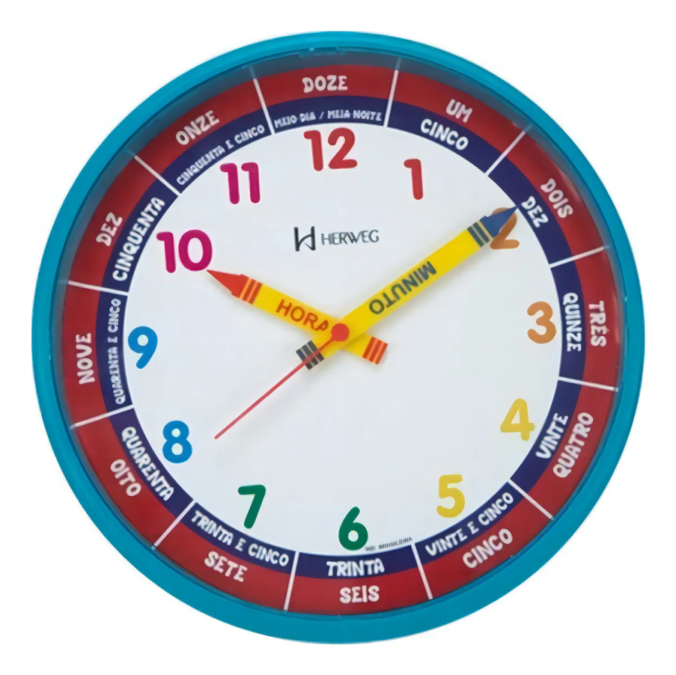 Relógio De Parede Infantil Educativo Herweg 26 cm Azul 6690-267 aprender as horas