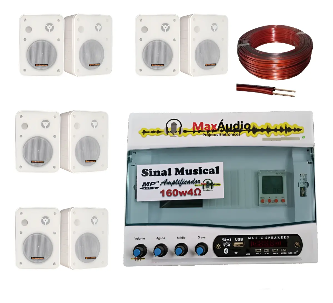 Relógio Sinaleiro Sinal Musical Escolar C/ Amplificador +8cx
