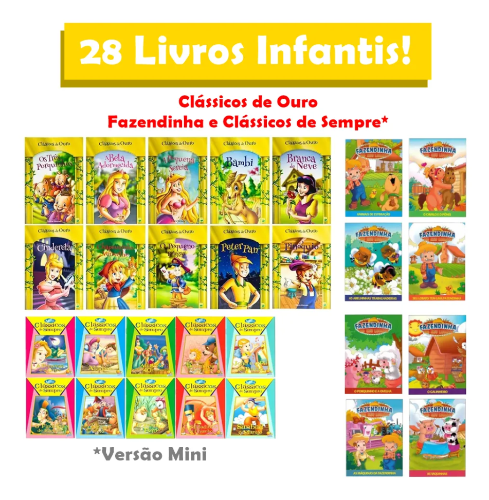 Kit 28 Livros De Histórias Infantis - Clássicos De Ouro + Clássicos De Sempre Mini + Fazendinha Do Seu Lobato