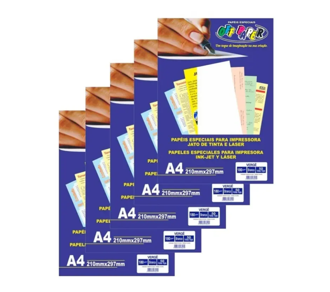 Papel Vergê A4 Branco 180g Off Paper 250 Folhas Pacote 5 Unidades