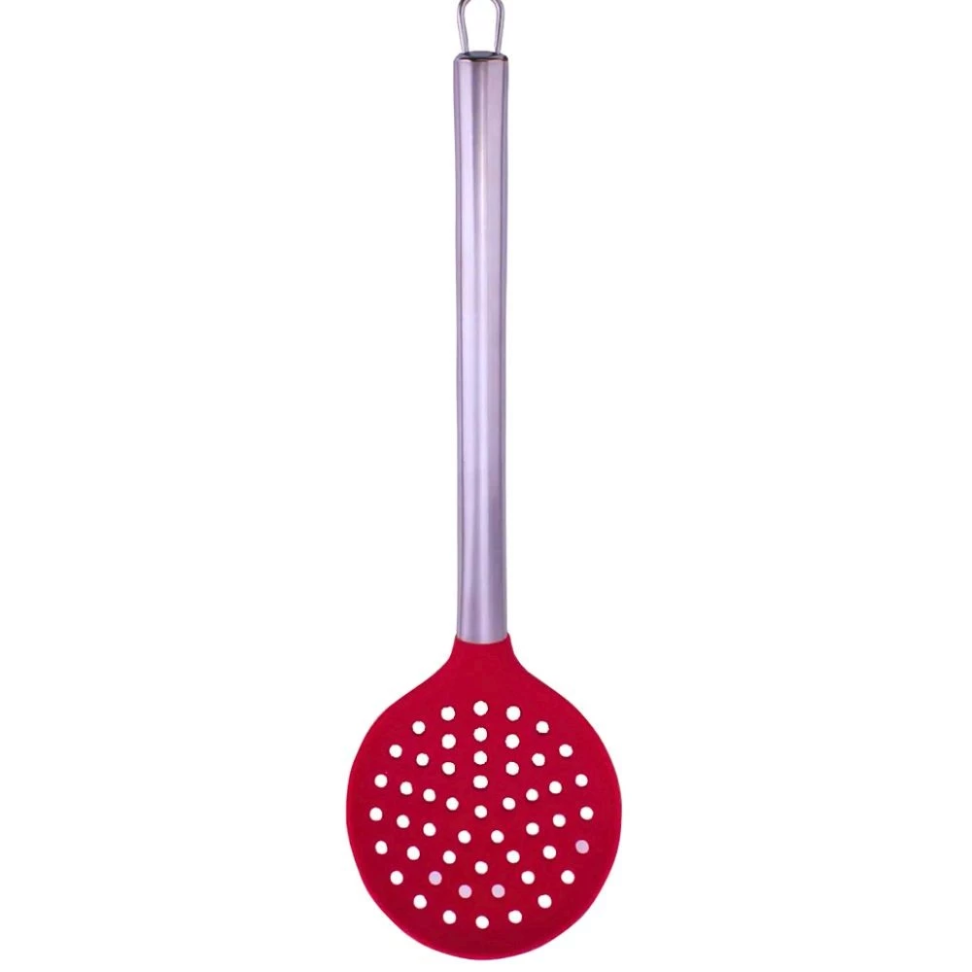 Escumadeira De Silicone Com Cabo Inox Vermelha Em Casa Tem