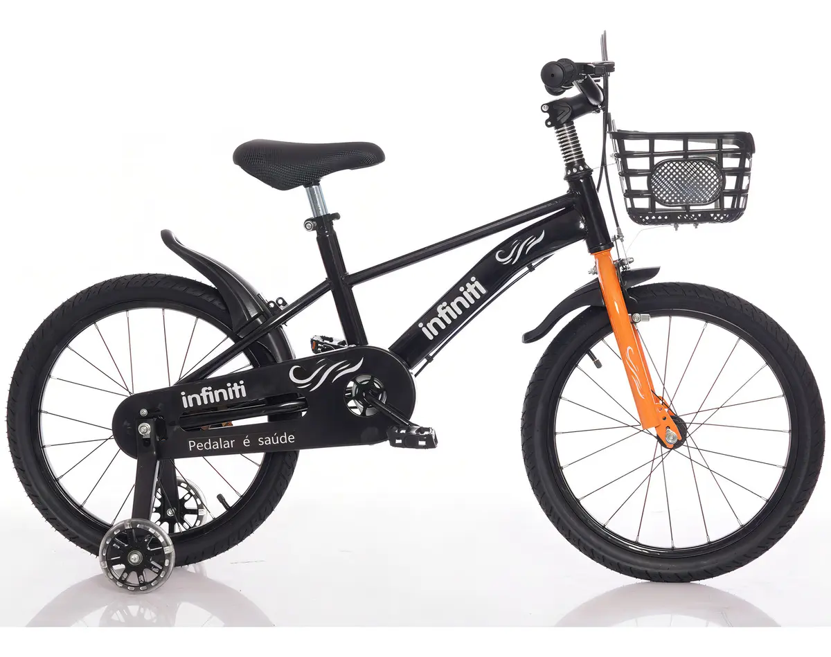 Bicicleta Infantil Aro 14 Preto Infiniti Kids Com Rodas Auxiliares E Cesto, A Partir De 3 Anos, Com Selim Macio E Guidão Ergonômico.