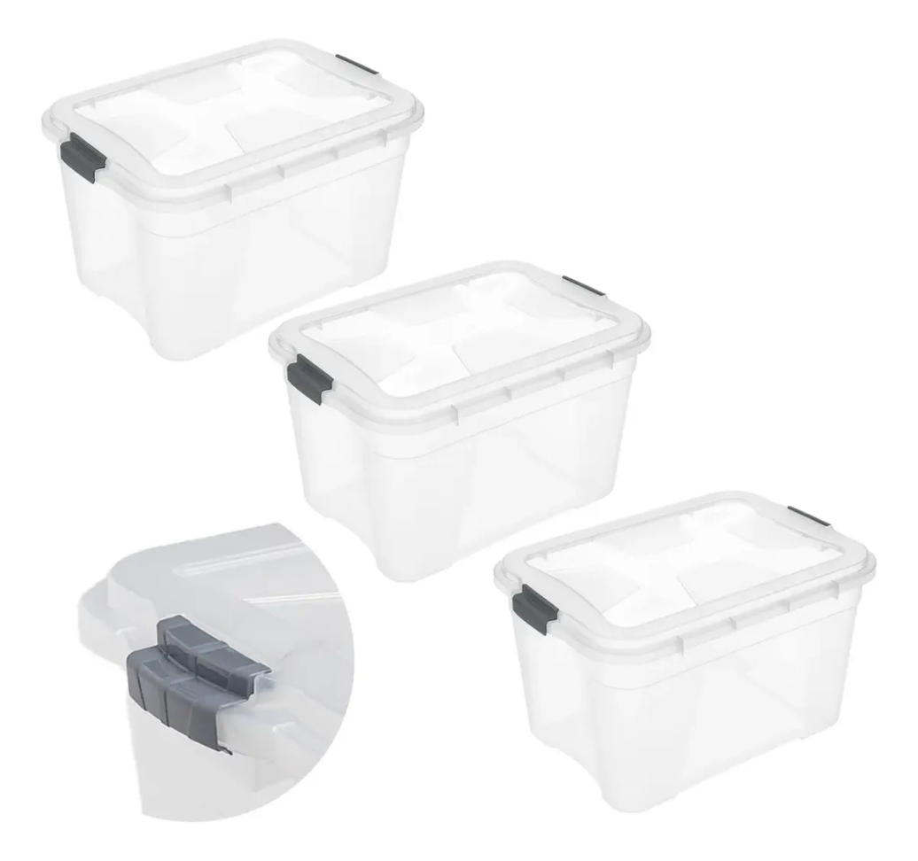 Kit 3 Caixas Organizadoras 20l Transparente Tampa Com Trava