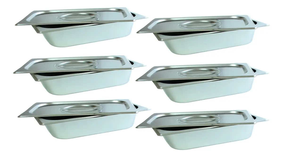 6 Cuba Gastronomica Inox Com Tampa 1/4x65 Gn Buffet Cozinhas Prateado
