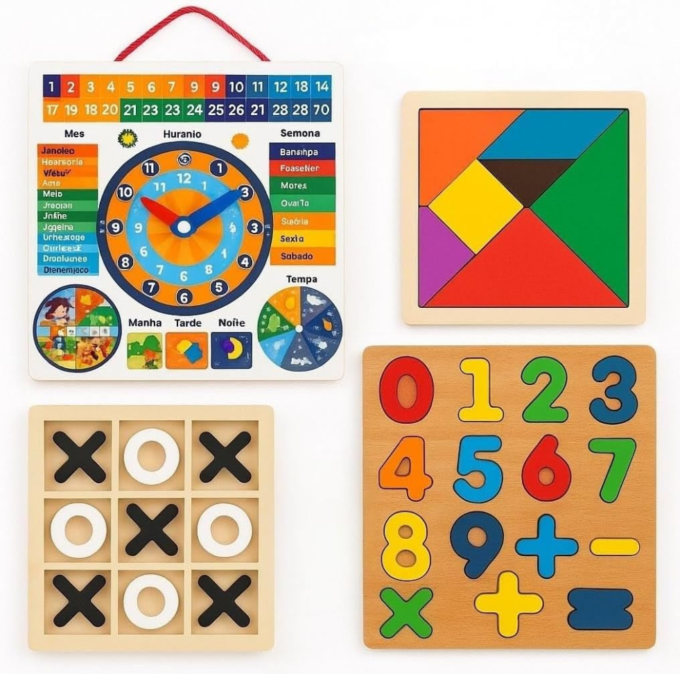 Kit Brinquedo Educativo 4 em 1 de Madeira – Tangram, Jogo da Velha, Números e Calendário Didático Infantil