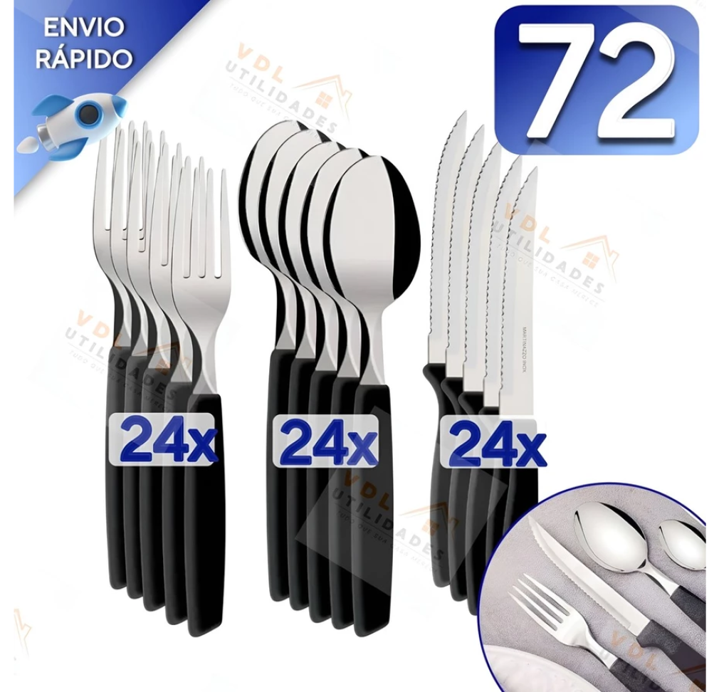 Kit 72 Talheres Preto Inox Premium Cabo Plástico 24 Faca 24 Garfo 24 Colher