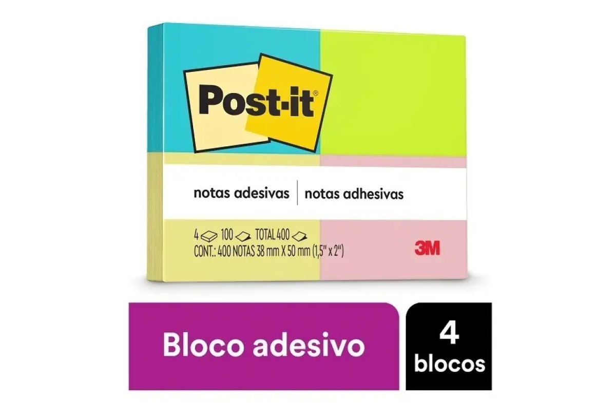 Post-it 653 Neon 4 Blocos 100 Folhas Cada 38mm X 50mm