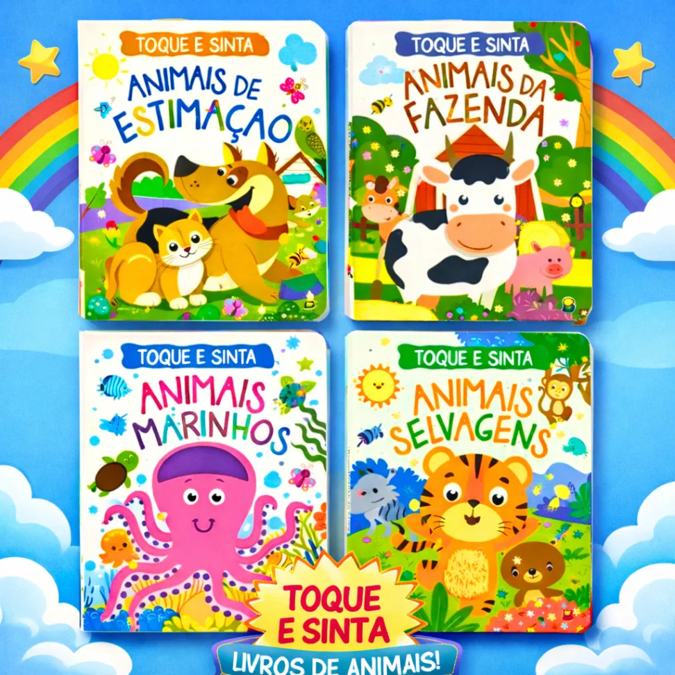 Kit 4 Livros Infantis Toque E Sinta Animais, Livro Sensorial