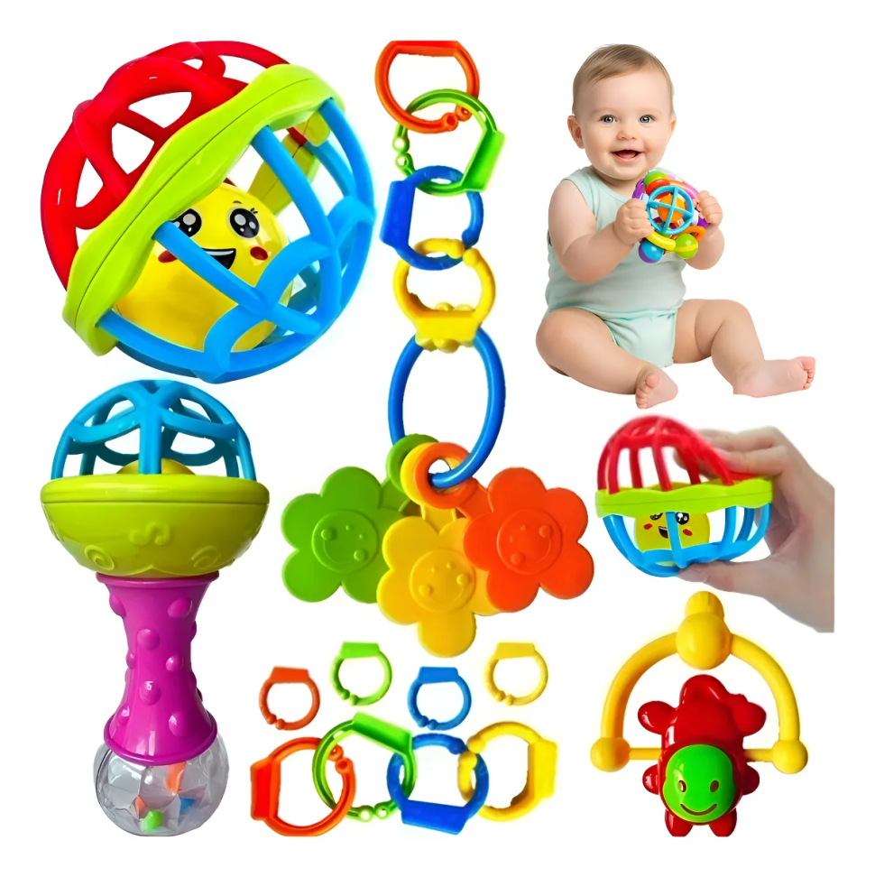 Kit Chocalho Mordedor Bebe Brinquedo Sensorial Com 8 Peças Colorido Diversos