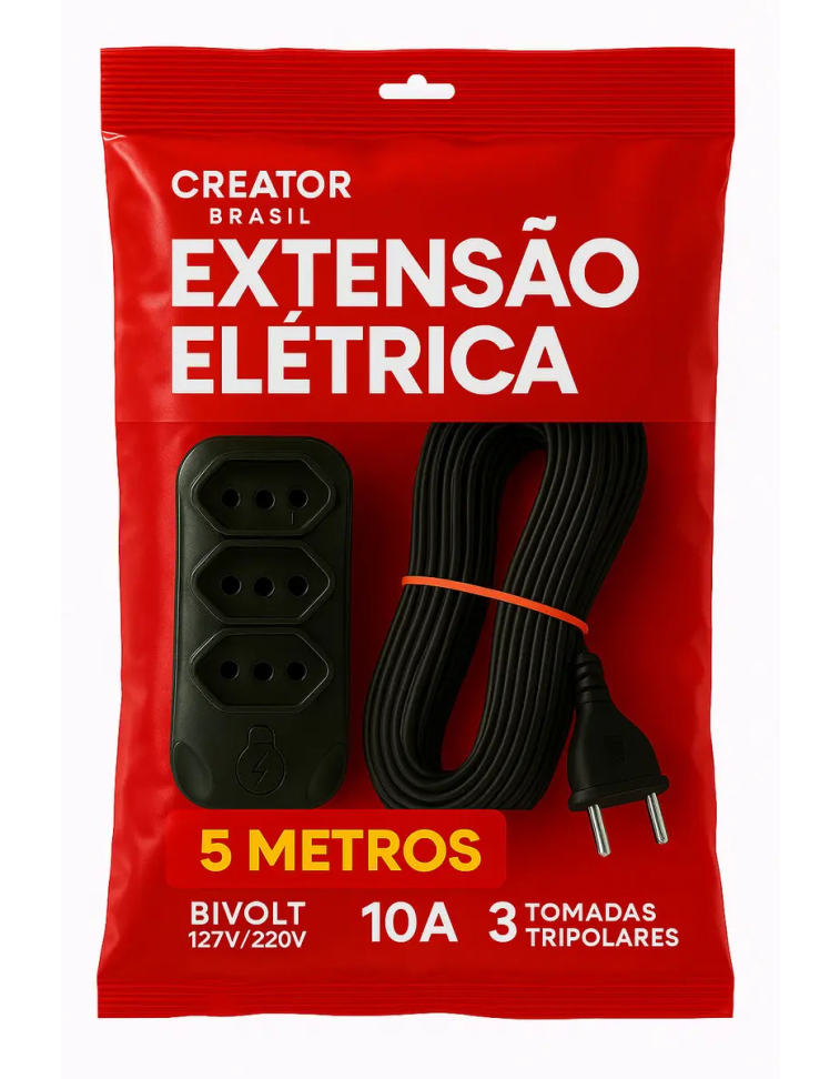 Extensão Elétrica 5 Metros Compacta Tripolar Energia 3 Tomadas Bivolt Creator Brasil