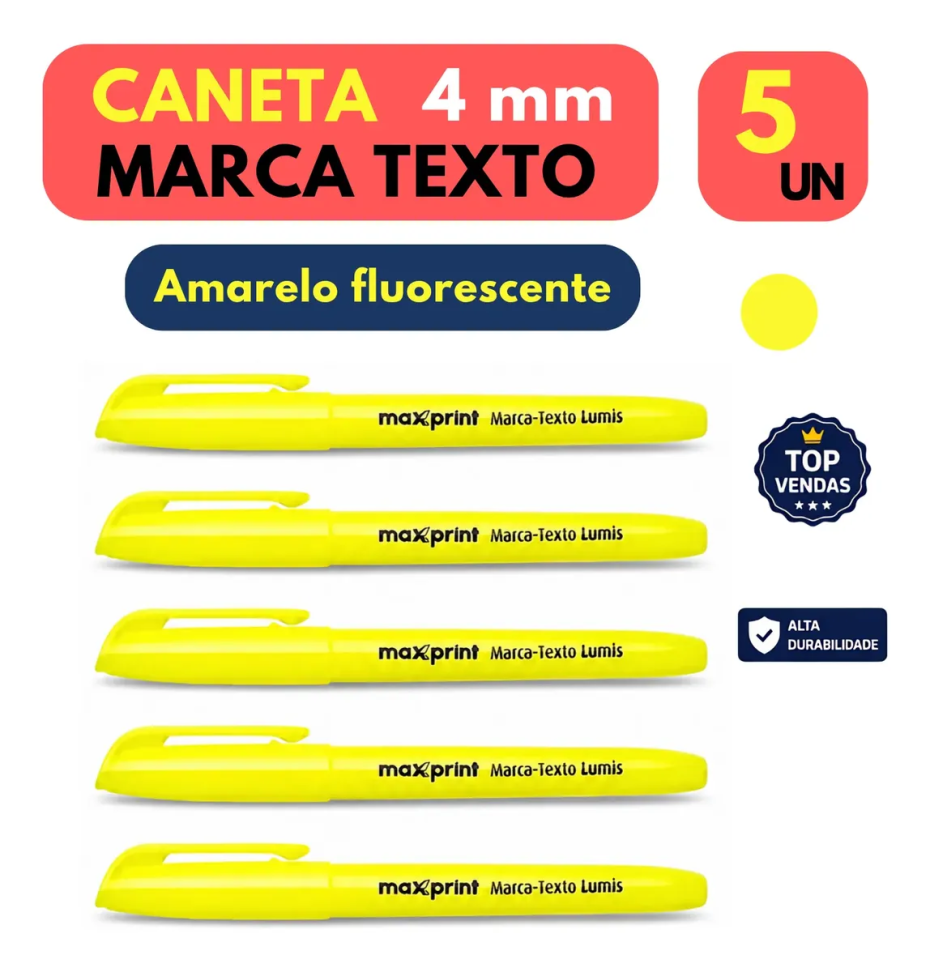 Kit Caneta Marca Texto Amarela Fluorescente Neon 5 Unidades