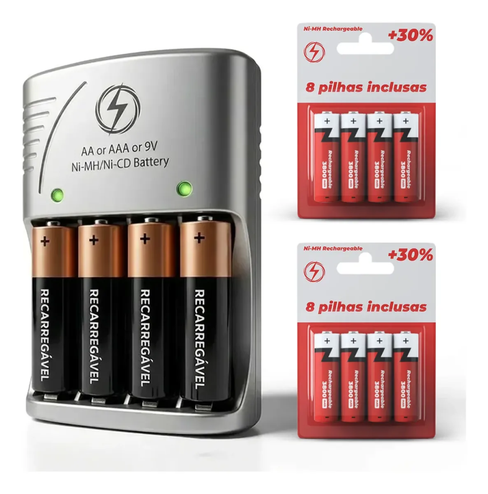 Carregador Rápido Aa Aaa + 8 Pilhas Recarregáveis Bivolt