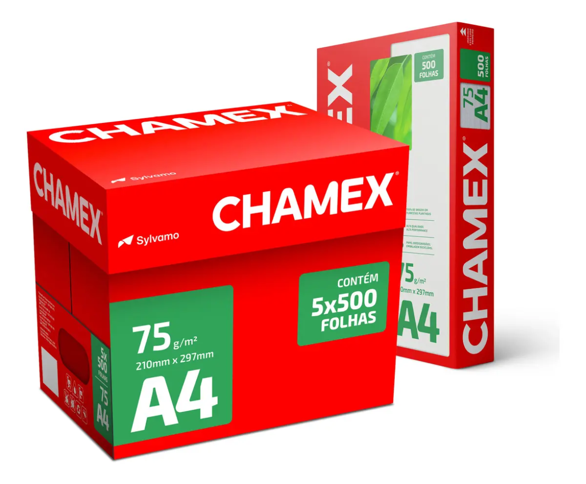 Papel Sulfite Profissional Sustentável Chamex A4 75g 210x297mm Kit Com 5 Pacotes 500 Folhas Cada