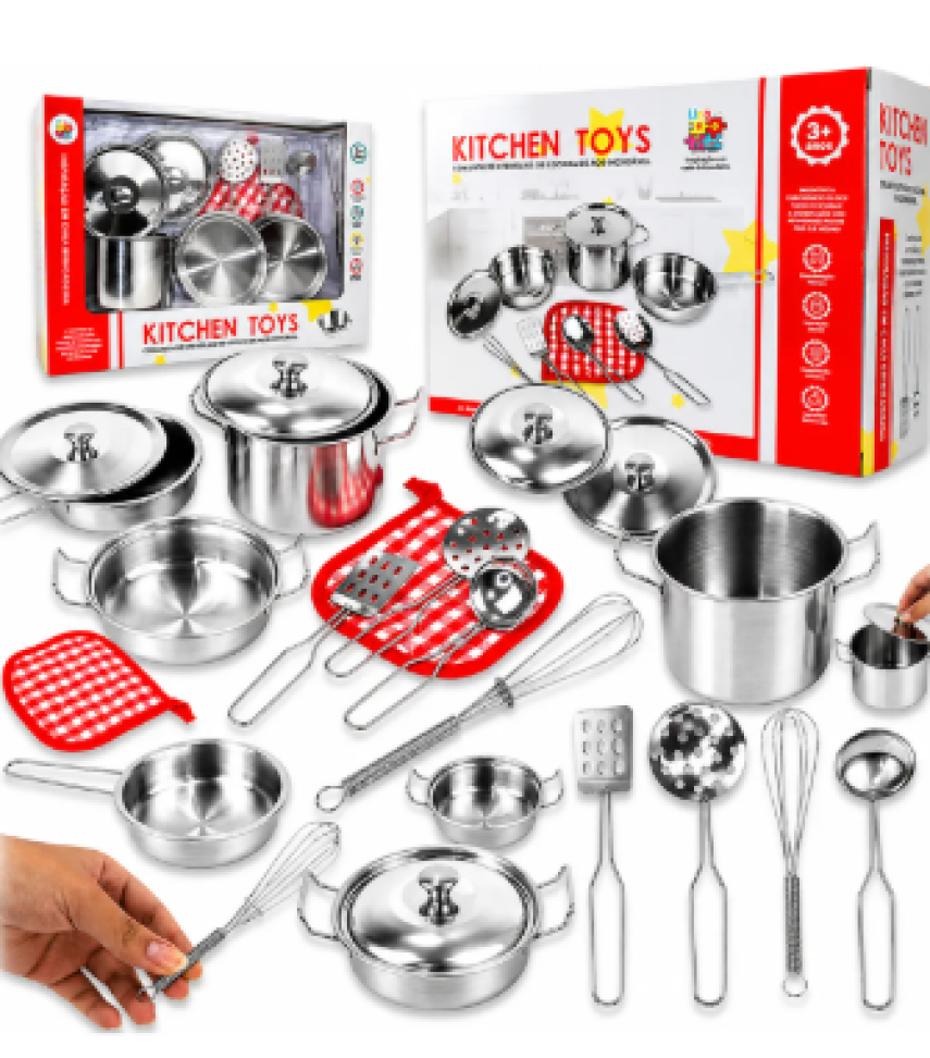 Kit Cozinha Infantil Inox Com Panelinhas E 10 Peças