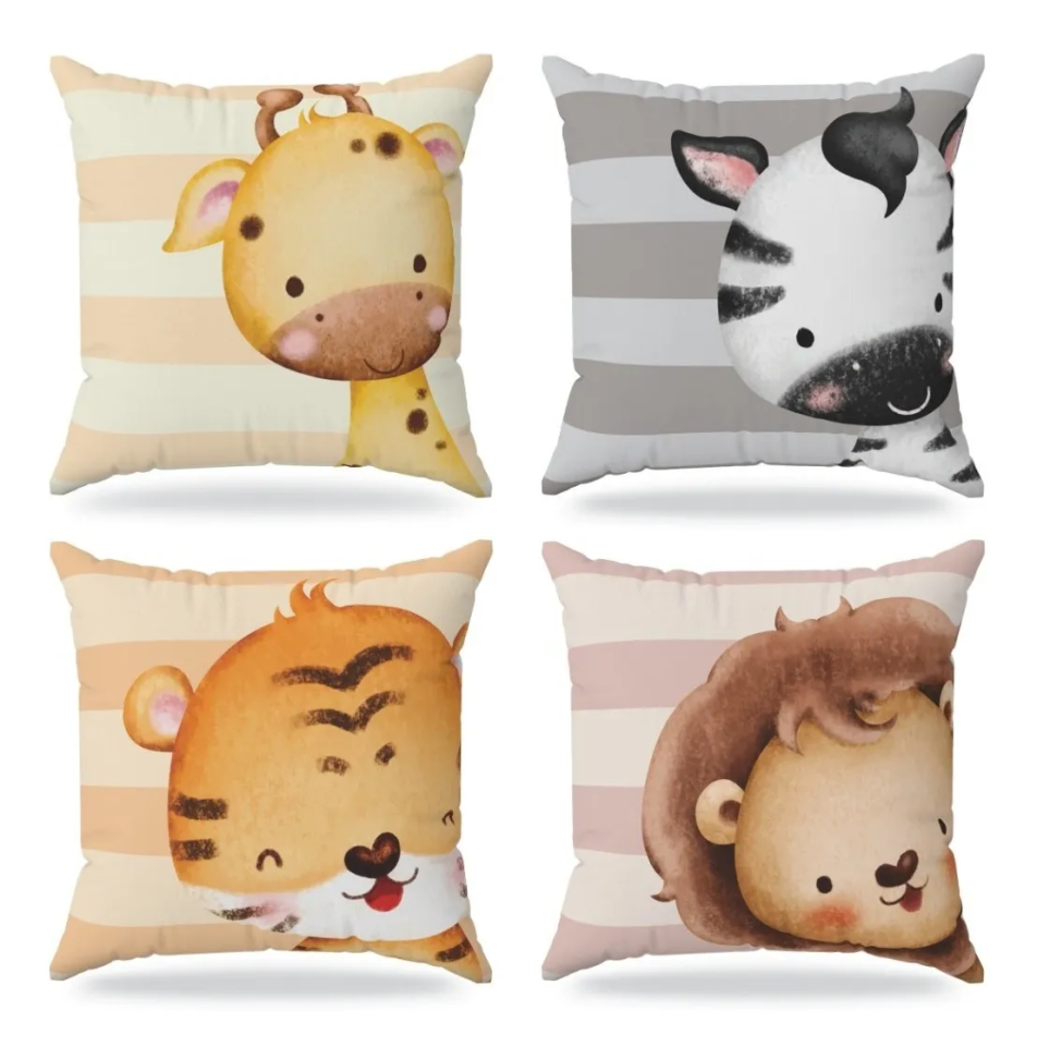 4 Almofadas Bichinhos Safari Fazendinha Decoração De Festa Branco Animais Safari